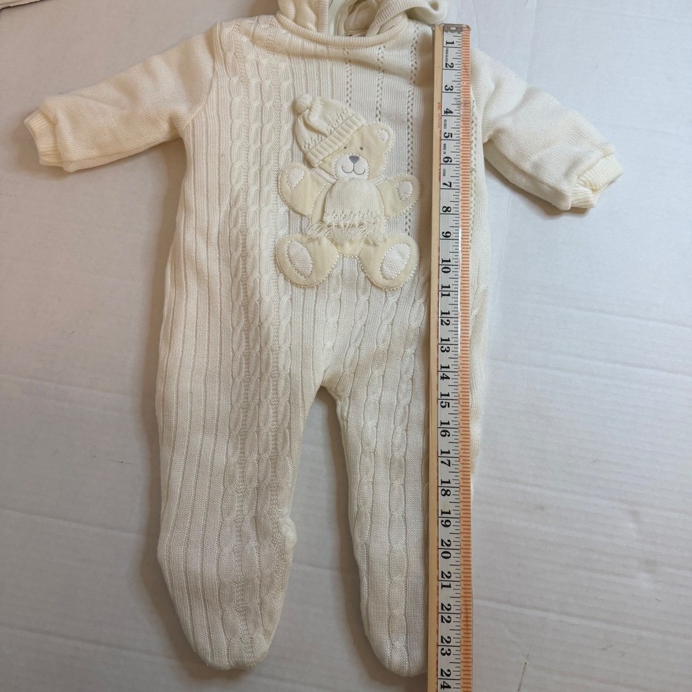 VTG Baby Togs Cream Cable Knit Teddy Bear Hooded Snowsuit Bunting 9 Months